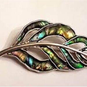 Vintage Abalone VTG Silver Toned Leaf Brooch